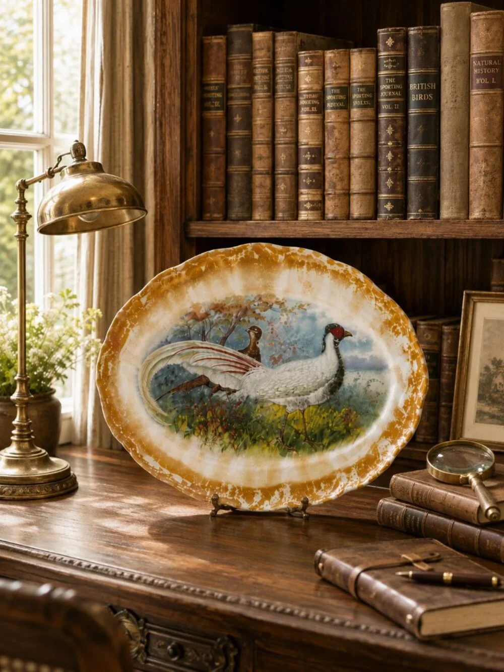 Antique Florence Game Bird Pheasant Lusterware Oval Serving Platter